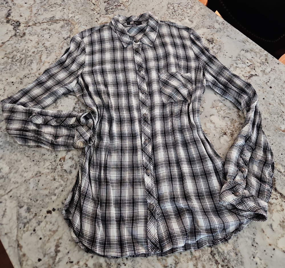 Kut from the Kloth Black and White Plaid Button Down Shirt